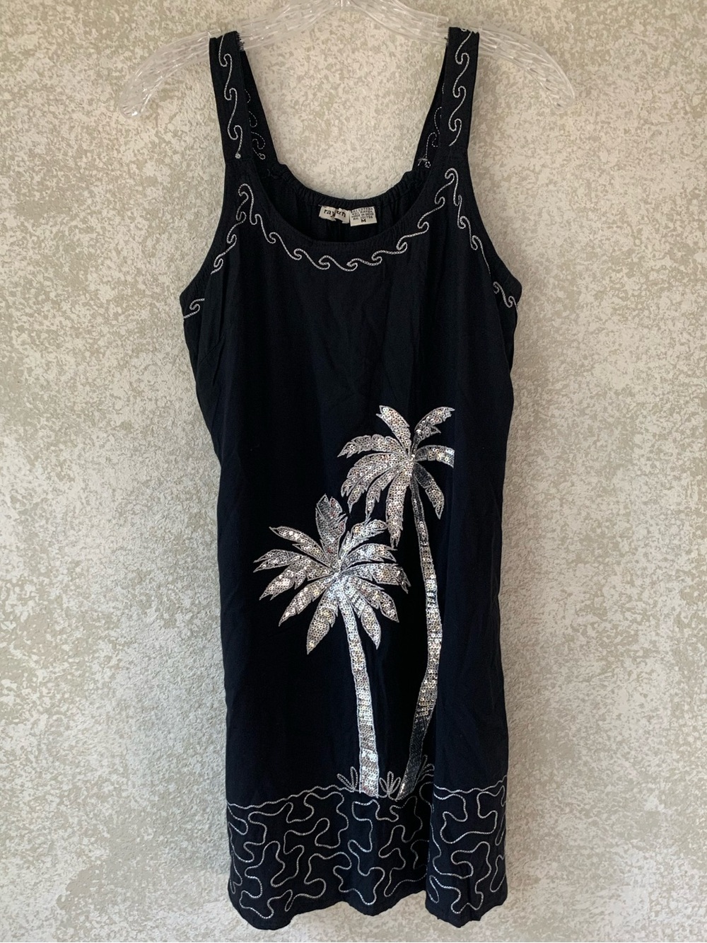 Black One-Piece Swim Cover-Up Dress with Silver Palm Embellishment